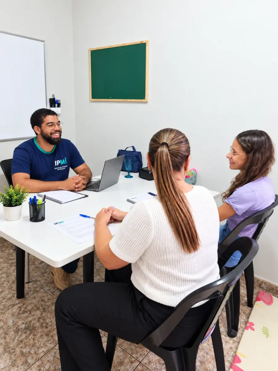 Profissional do IPMI conversando com uma responsável e uma adolescente em sala de avaliação
